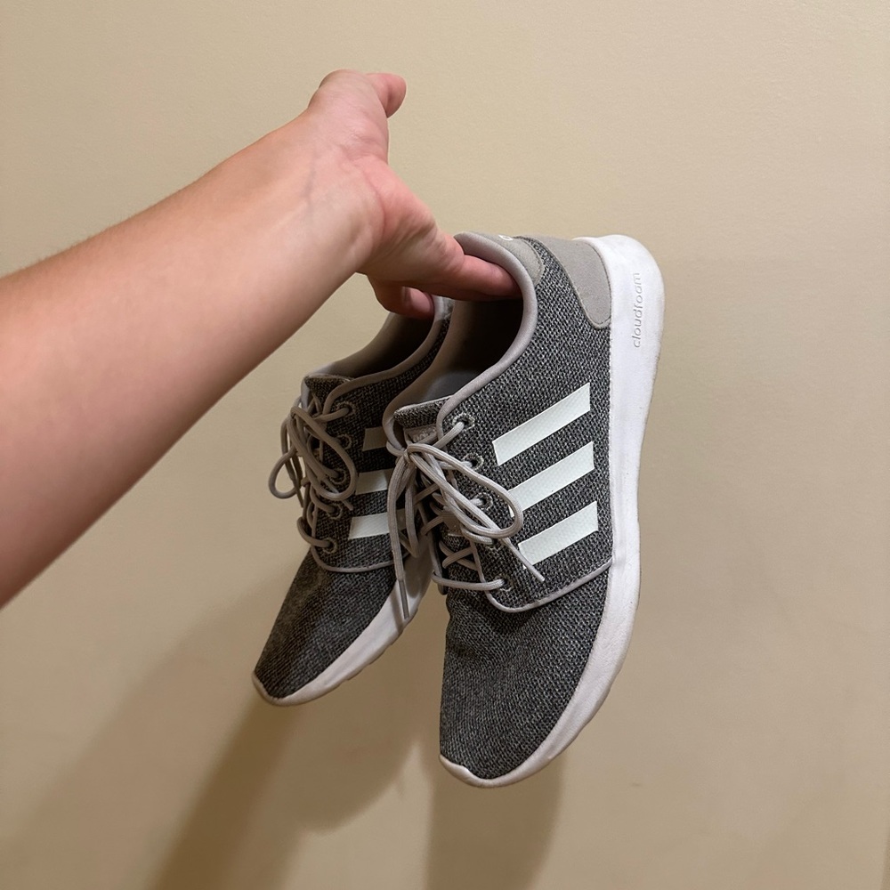 Grey adidas running shoes